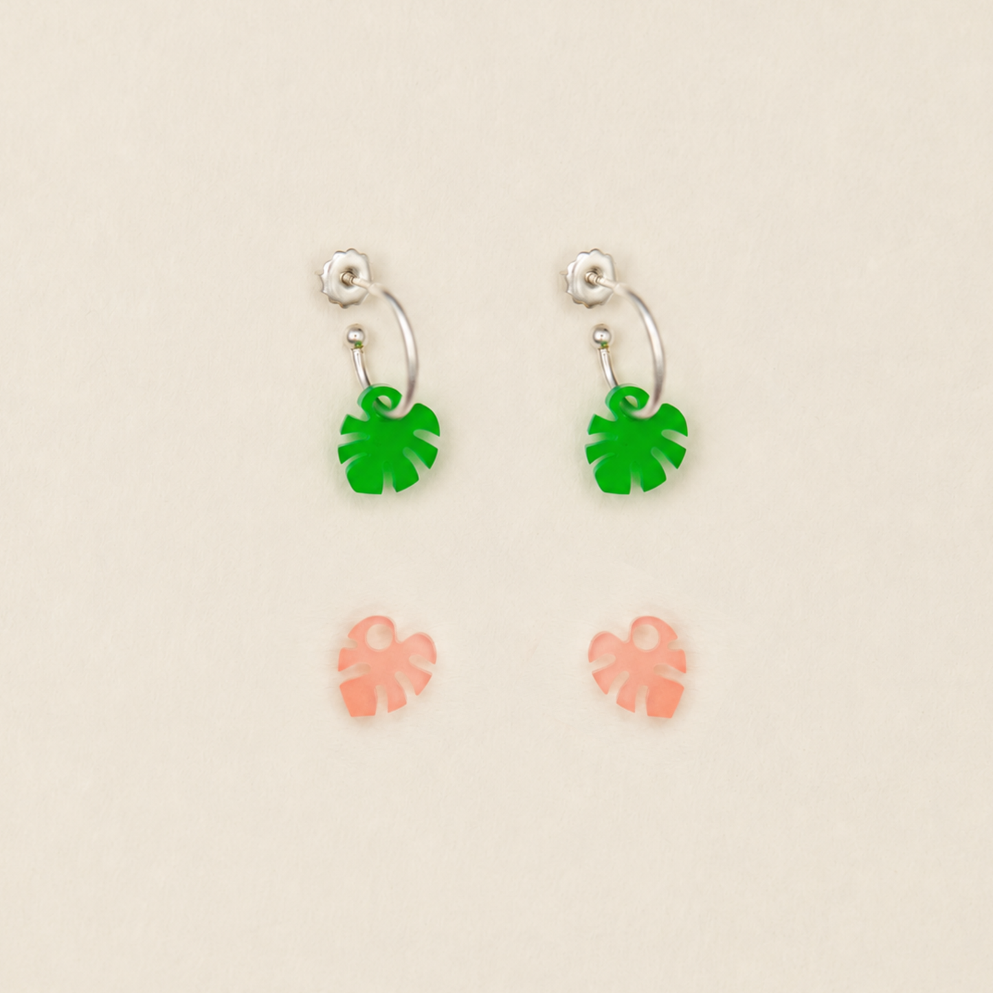 Tiny Monstera Green & Pink Earrings